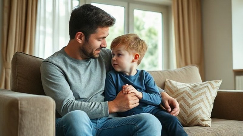 Сила родительских извинений: как искреннее признание ошибок учит ребенка доверию Отец мягко держит сына за руку, сидя на диване в залитой солнцем комна