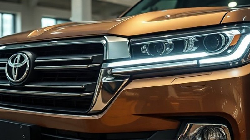 Эволюция легенды: Toyota анонсировала мощнейший гибридный Land Cruiser 300 с инновационной установкой Крупный план решетки радиатора и светодиодных фар современного автомоб