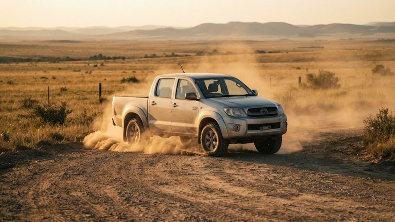 Как выбрать подержанный Hilux для города, работы и путешествий Подержанный пикап Toyota Hilux в движении по грунтовой дороге.