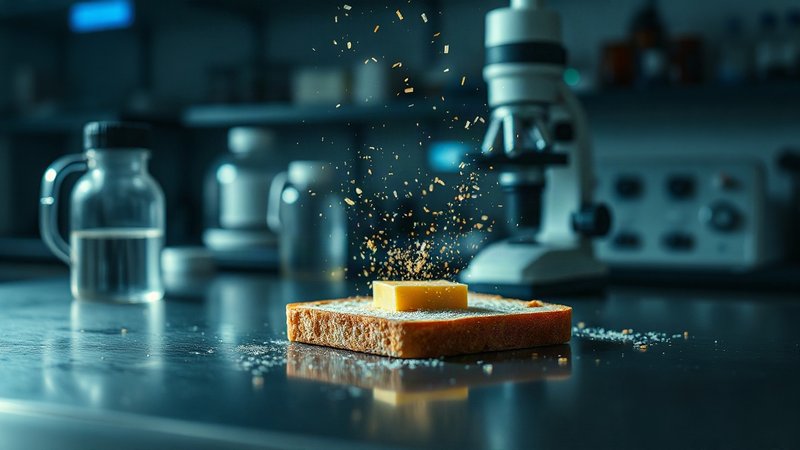 Крах кулинарной легенды: ученые выяснили истинную скорость заражения упавшей еды Бутерброд с маслом падает на гладкую металлическую поверхность в лабор