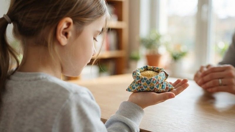 Кинезиологический мешочек с крупой: кинезиологические упражнения для синхронизации полушарий мозга дошкольника Яркий тканевый кинезиологический мешочек с крупой лежит на ладони ребе