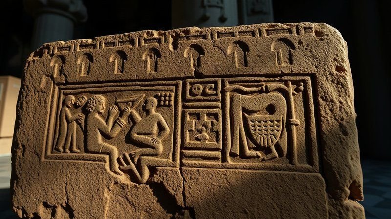 Загадки древности: о чем рассказывает 1800-летний камень пророчеств из Турции Крупный план старинных надписей на каменном блоке в музейном зале.