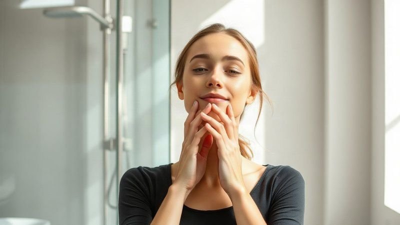 Упражнение Преодоление сопротивления в фейсфитнесе: тонус шеи и овала Девушка перед зеркалом мягко оказывает сопротивление подбородком сцепл