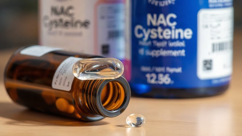 Глутатион и NAC в дерматологии: как главный внутриклеточный антиоксидант защищает от пигментации Прозрачная капсула N-ацетилцистеина NAC на темном стеклянном аптечном